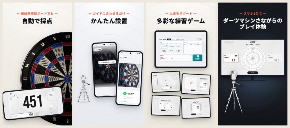 本アプリでできること:自動で採点、かんたん設置、多彩な練習ゲーム、ダーツマシンさながらのプレイ体験